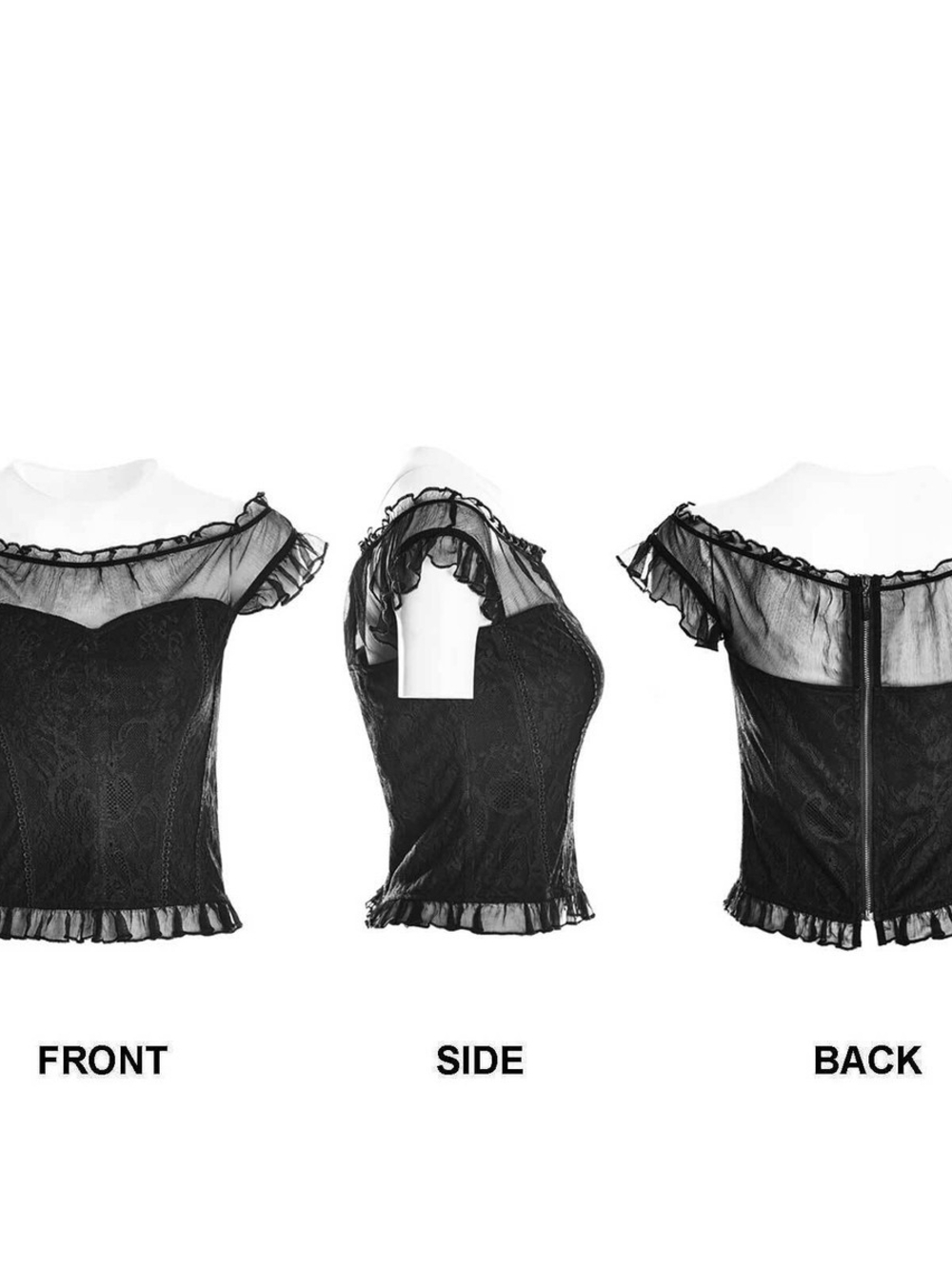 Punk Rave Off-Shoulder Maiden Black Lace Sheer Ruffle Blouse